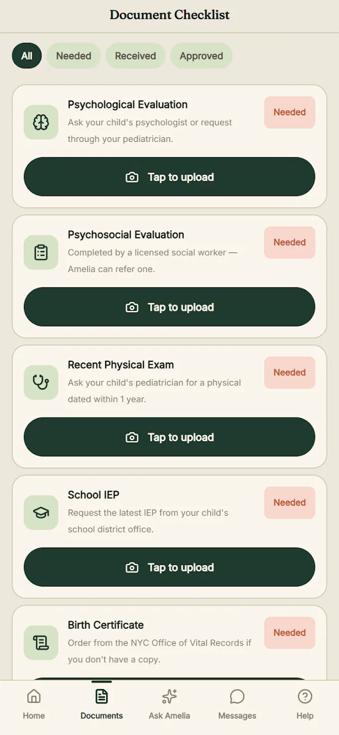 Amelia Connect app - document checklist