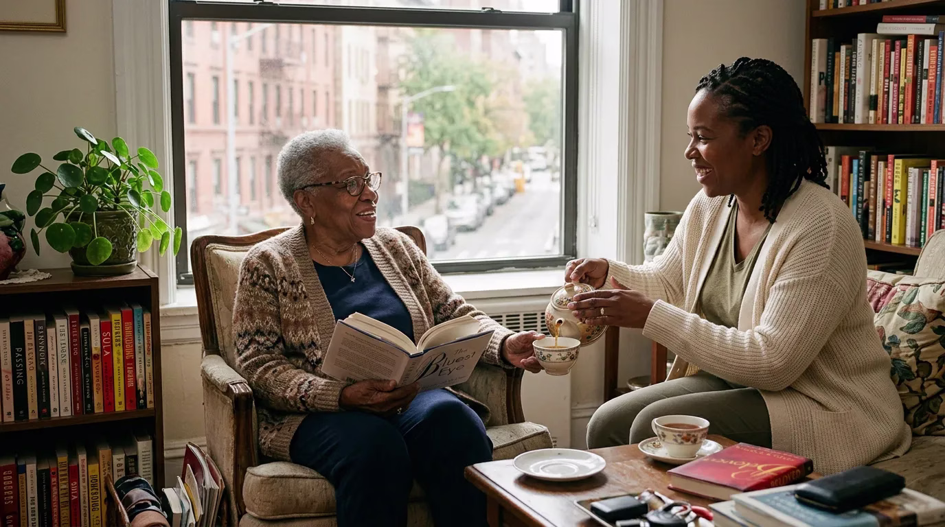 Senior and caregiver sharing tea