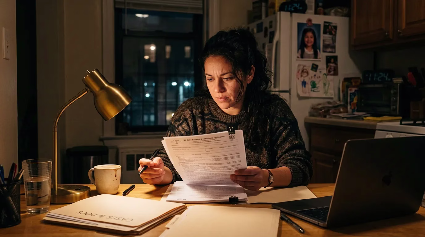Parent working through paperwork at home