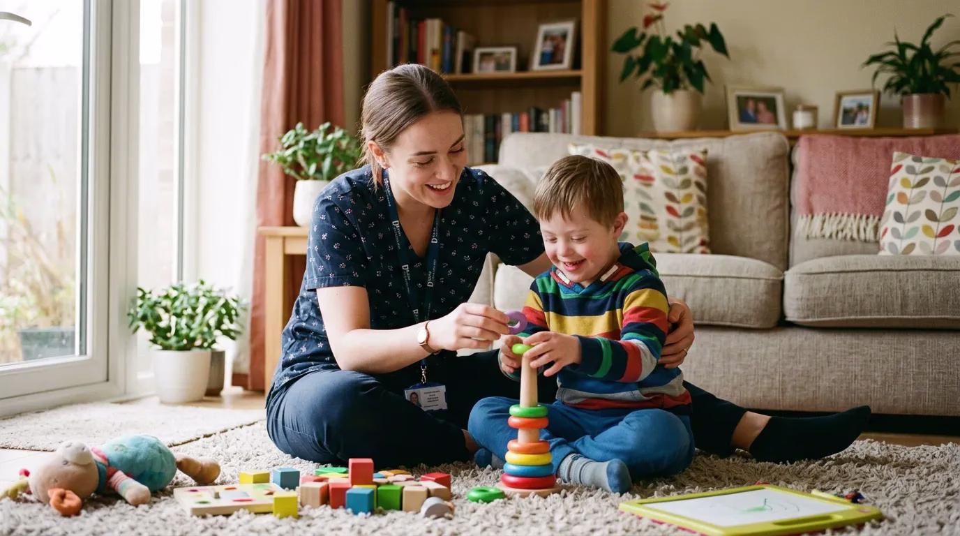 Home health aide caring for a child at home