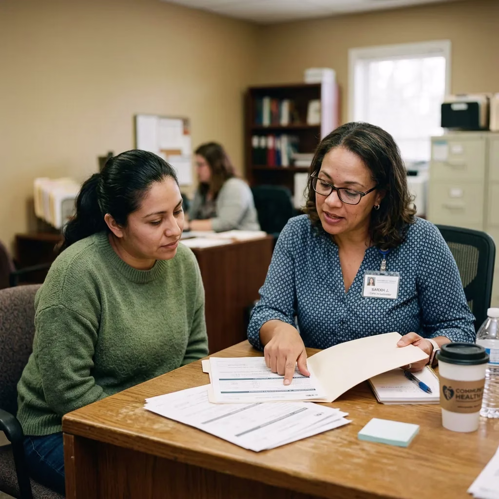 Care coordinator reviewing paperwork with a parent
