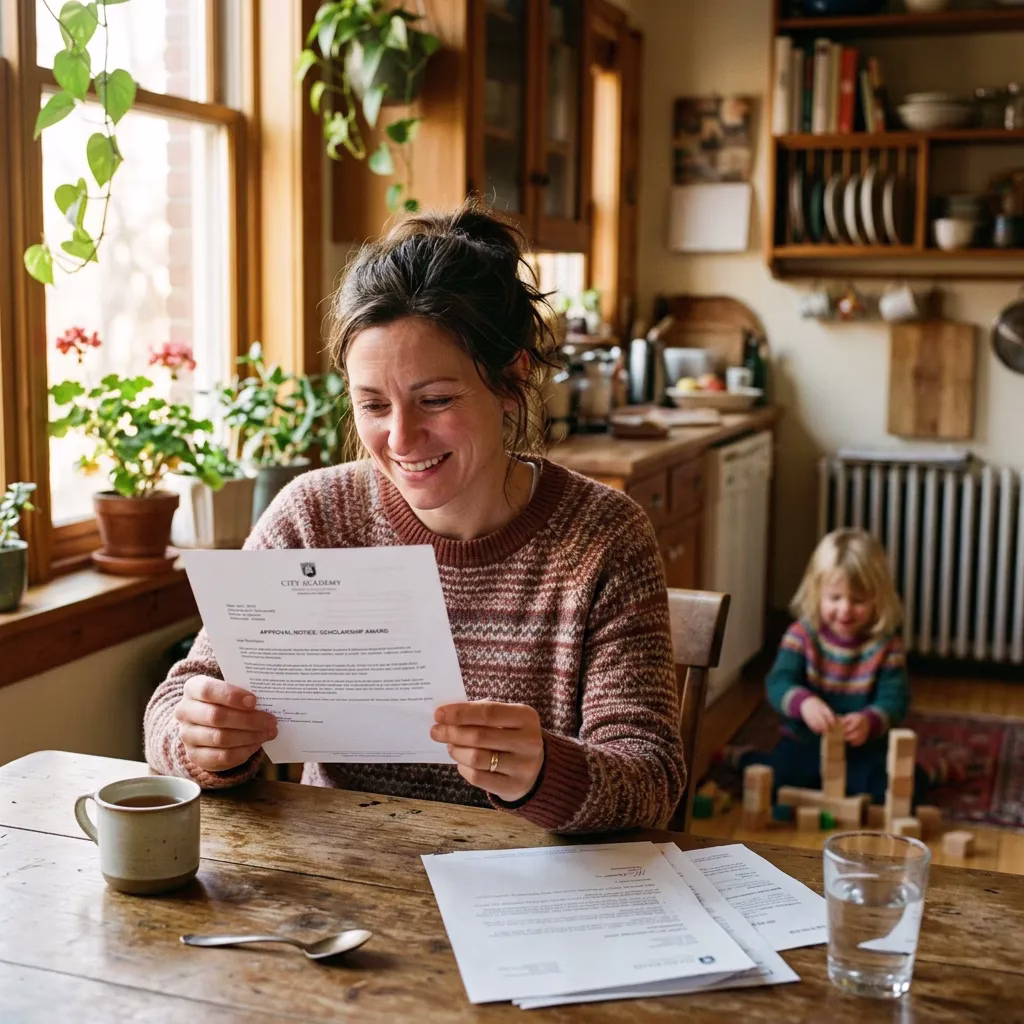 Relieved parent reading an approval letter at home