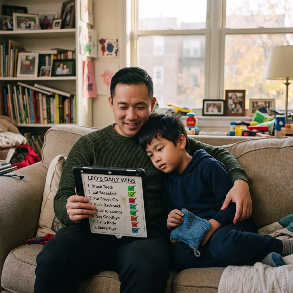Parent and child reviewing progress on a tablet