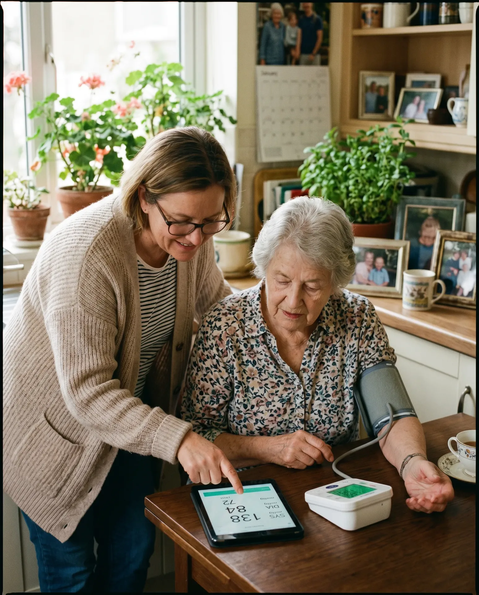 Senior taking a blood-pressure reading at home with a connected device