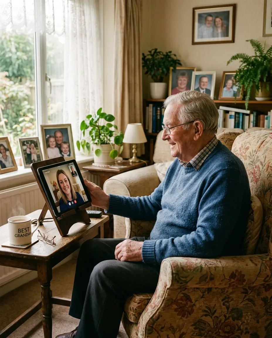 Senior on a video call with a care coordinator at home