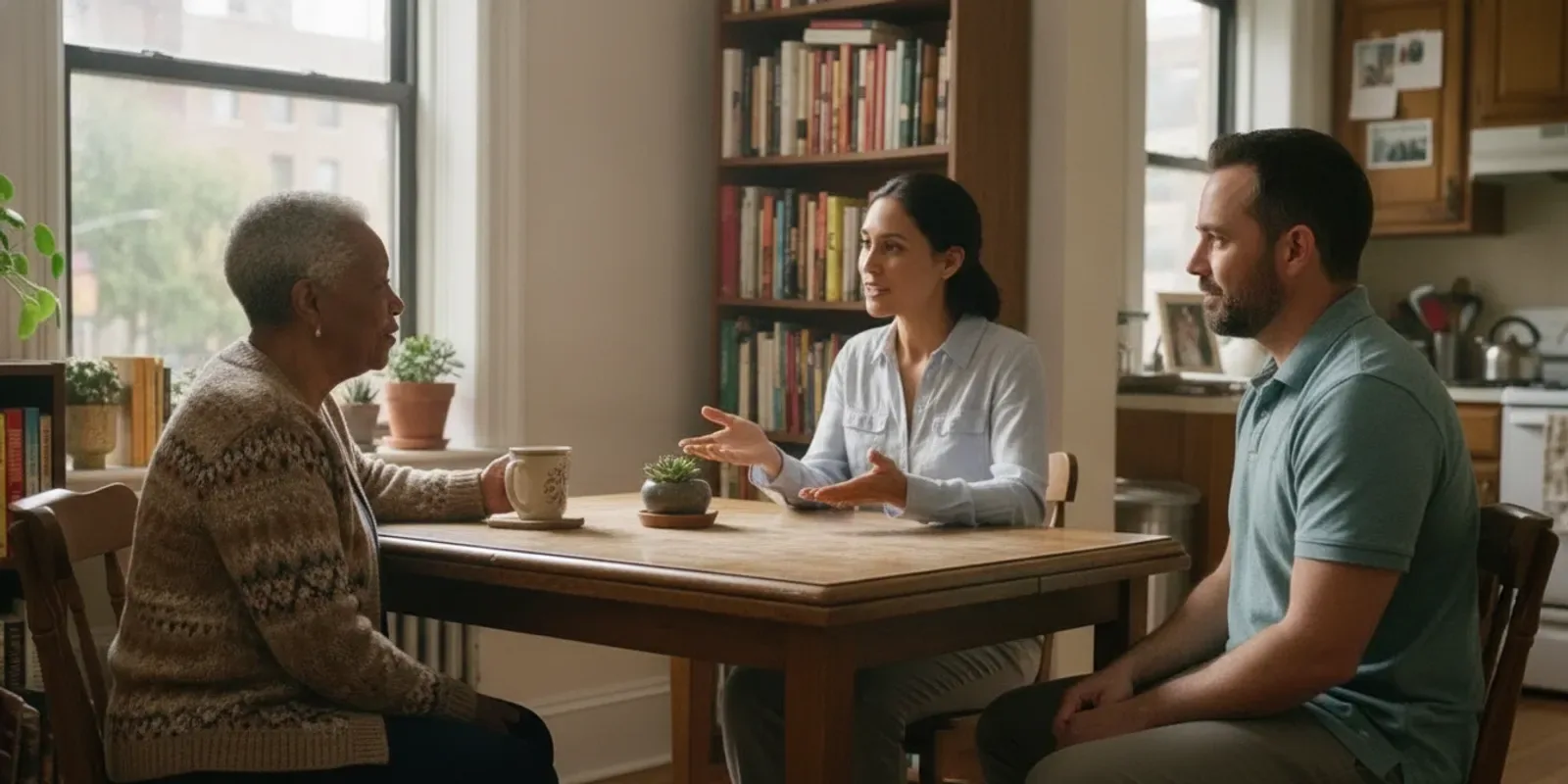 Caregiver speaking with an older adult at home beside a family member