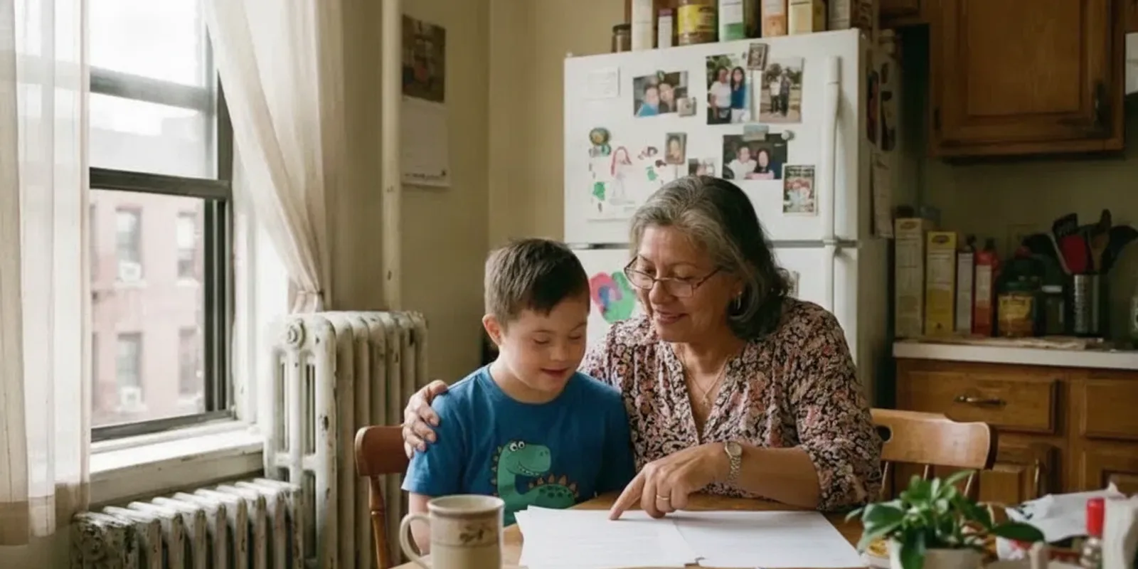 Parent and child reviewing a care plan and paperwork together at a kitchen table