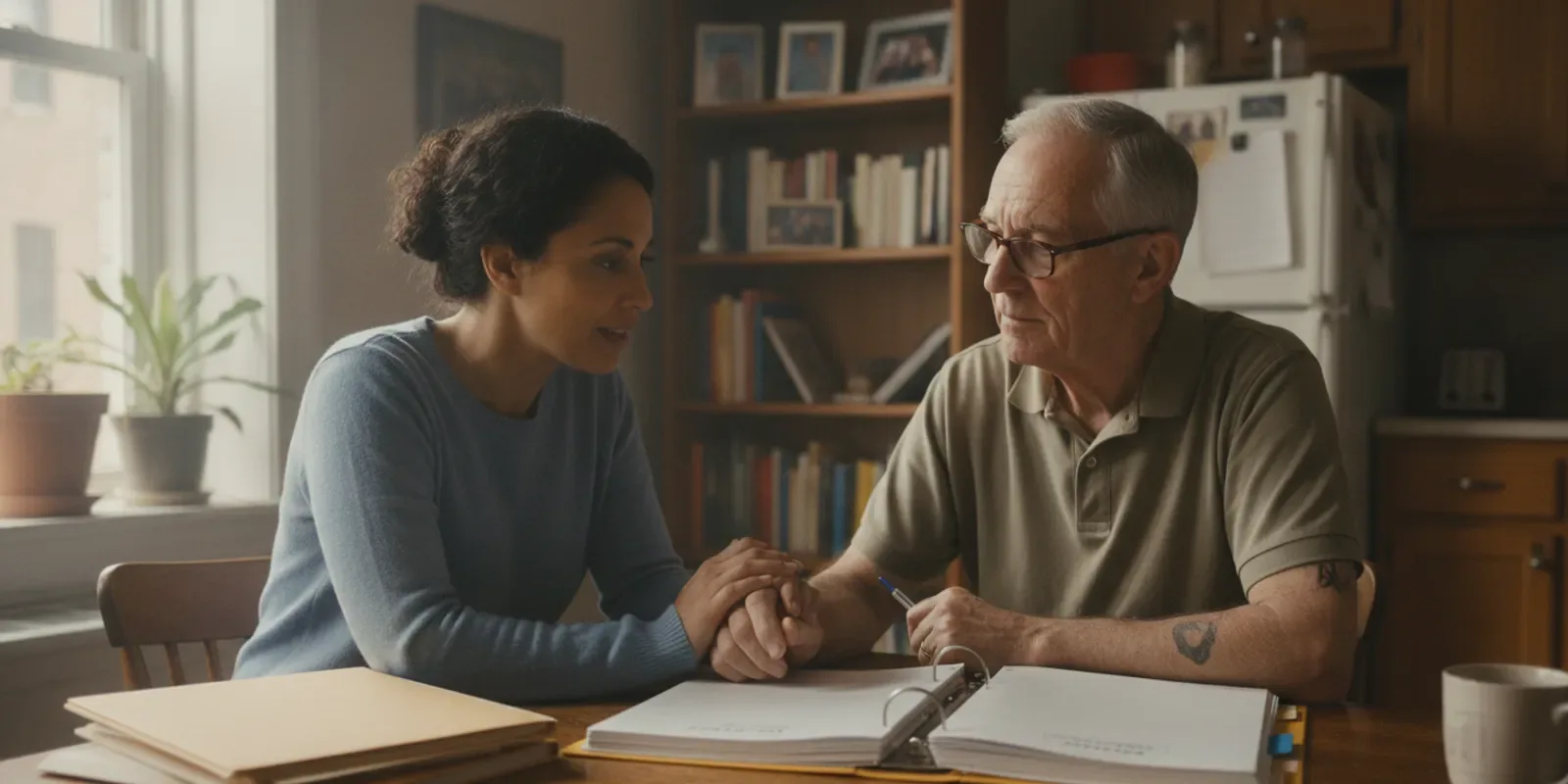 Family member speaking with an older veteran at home about care options