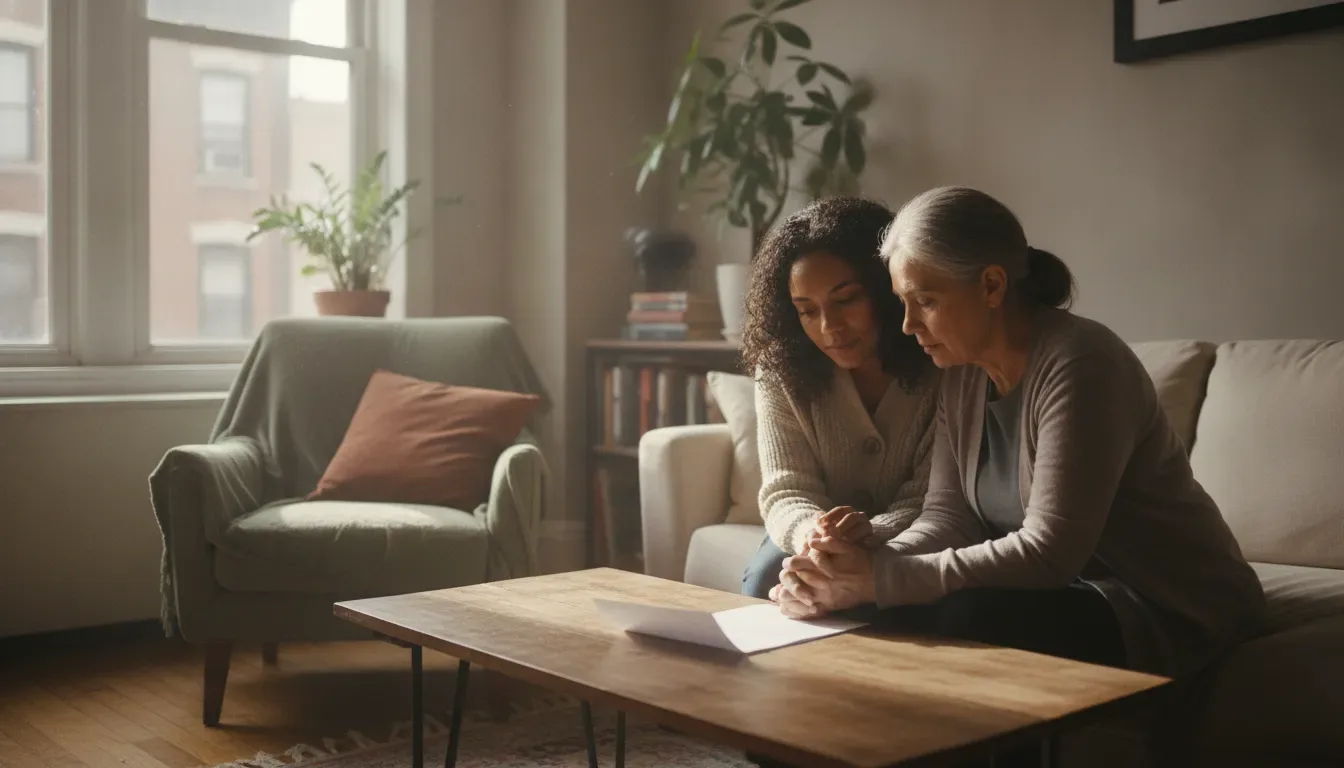 Adult daughter and older mother reviewing a care paper together on a sofa in a sunlit New York living room