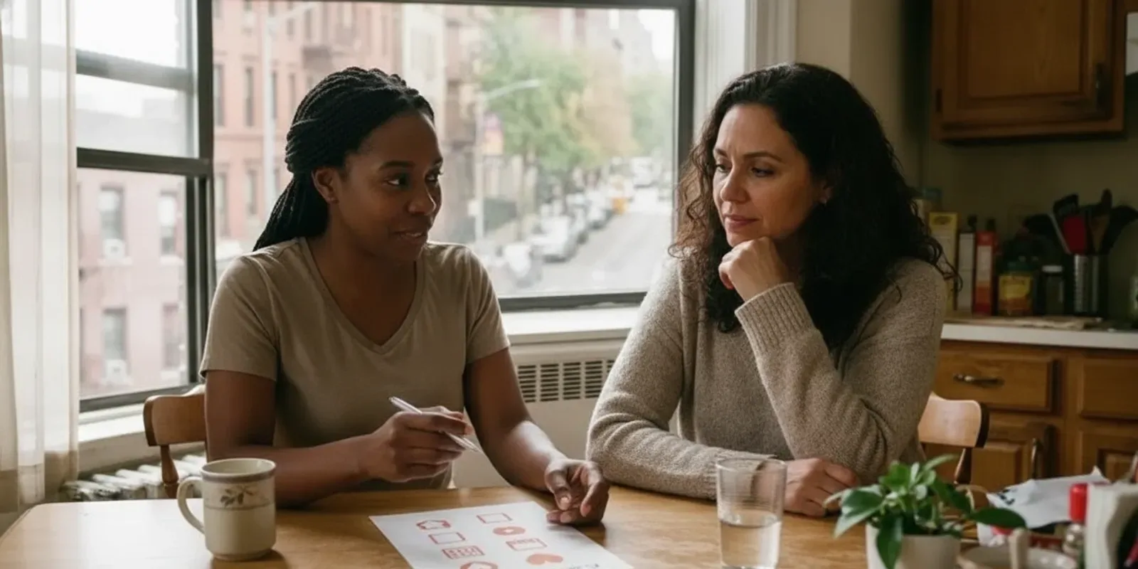 Social worker and family reviewing home care referral documents at a table