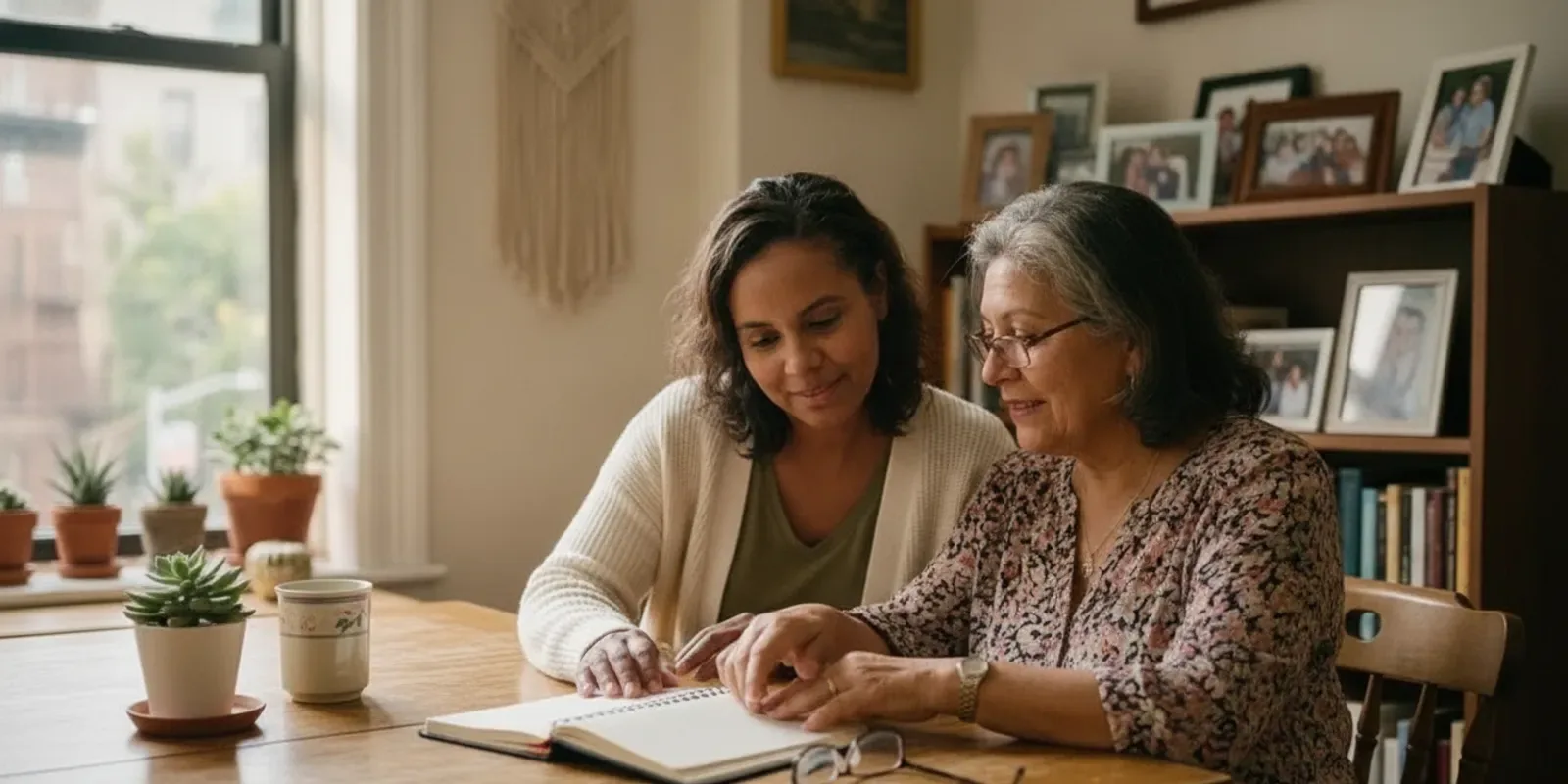 Family member talking with an older adult at home in a calm, familiar living room