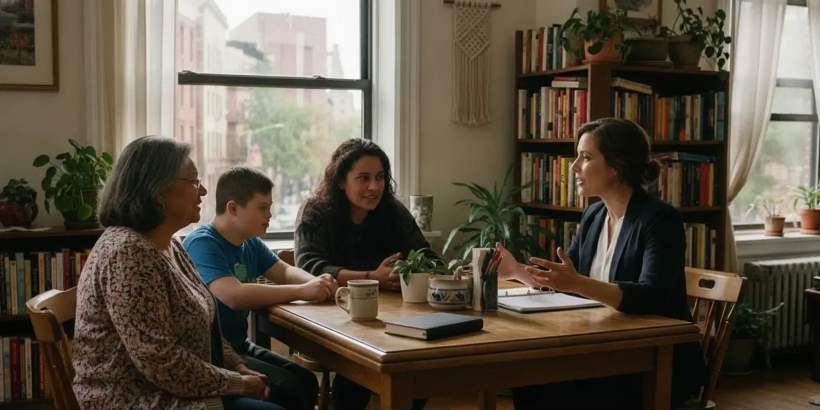 Family speaking with a home care professional at a dining table