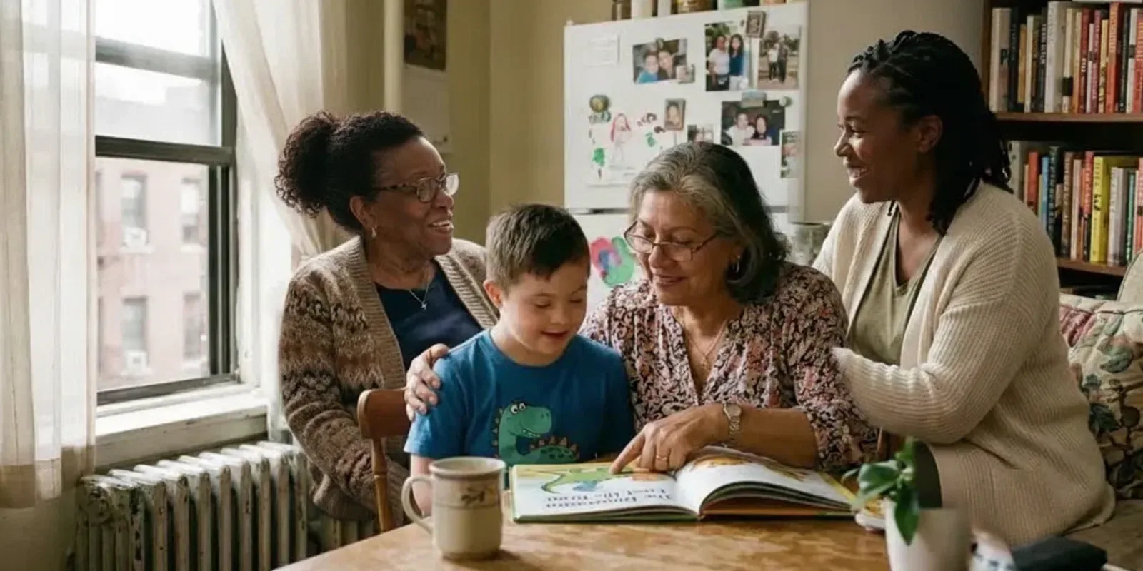 Home care aide speaking with an older adult at a kitchen table