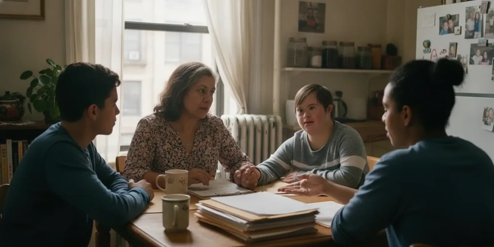 Family reviewing care and benefit documents together at home