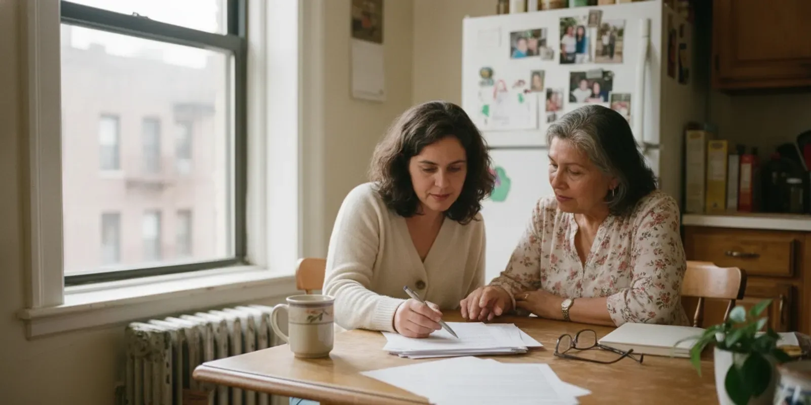 Family reviewing Medicaid and home-care documents together at a kitchen table